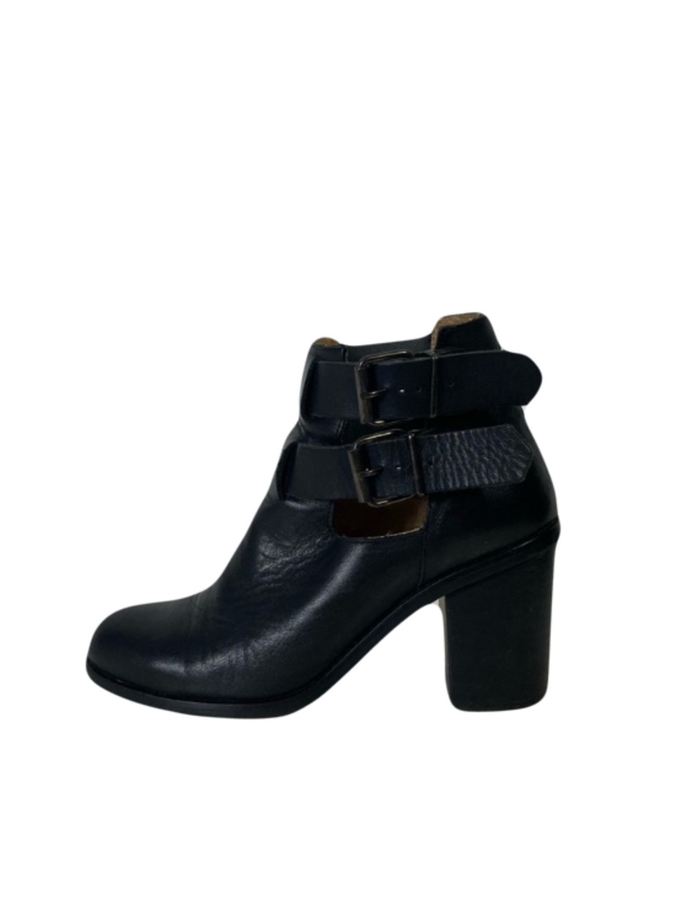 OFFICE LONDON Boots EU 37/US 7 Black Leather 2-Straps Buckle Stack Block Heel